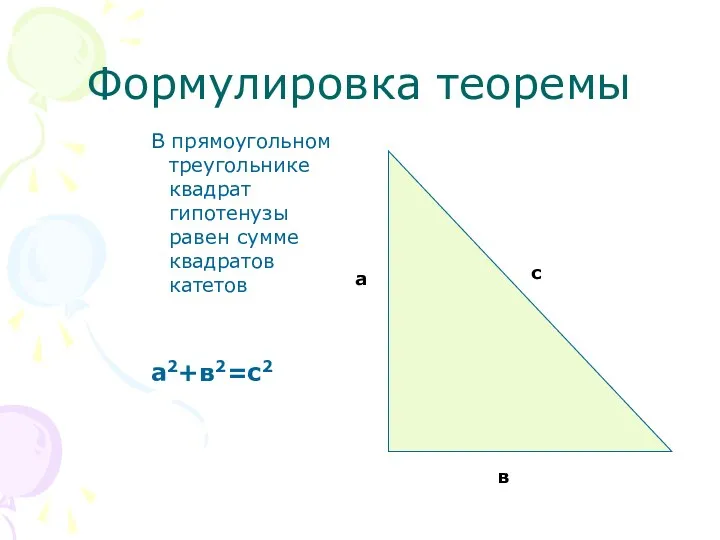 Формулировка теоремы В прямоугольном треугольнике квадрат гипотенузы равен сумме квадратов катетов а2+в2=с2 а в с