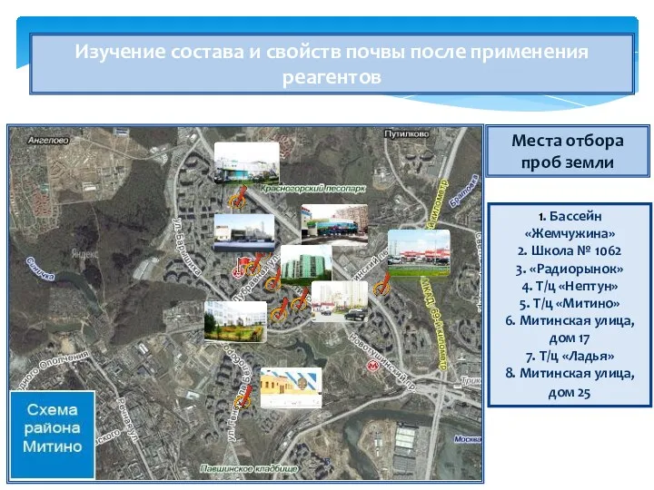 Изучение состава и свойств почвы после применения реагентов Места отбора проб земли 1.