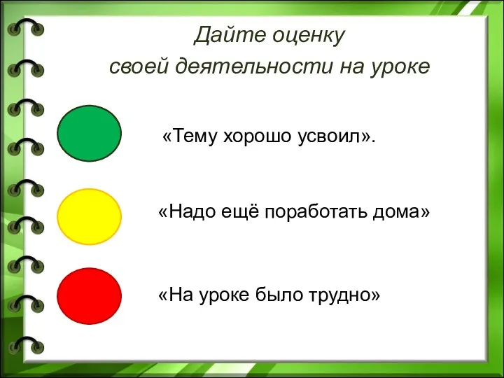 Дайте оценку своей деятельности на уроке «Тему хорошо усвоил». «Надо