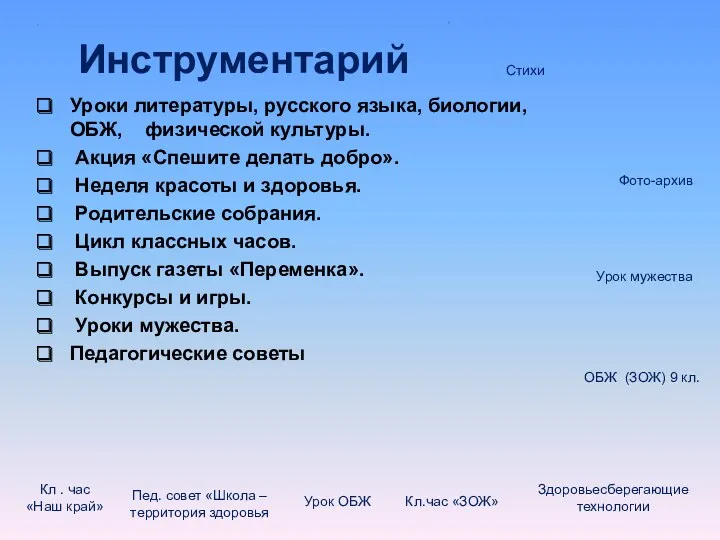 Инструментарий Уроки литературы, русского языка, биологии, ОБЖ, физической культуры. Акция