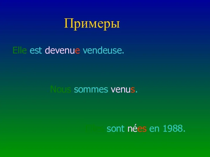 Примеры Elle est devenue vendeuse. Nous sommes venus. Elles sont nées en 1988.