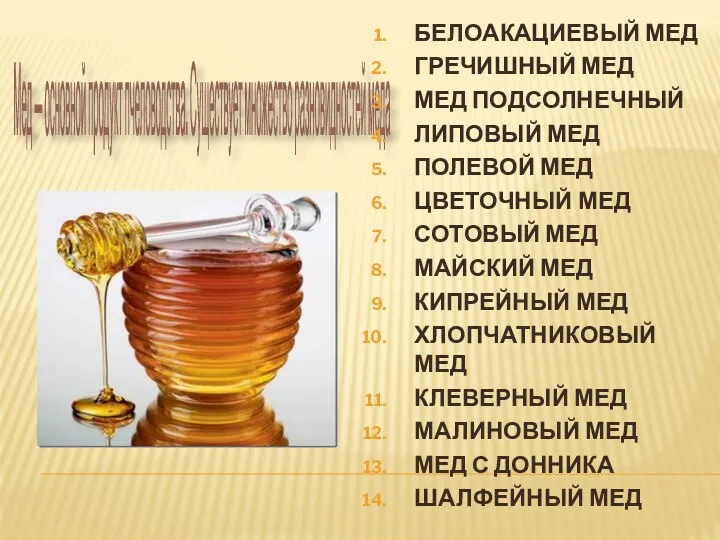Мед — основной продукт пчеловодства. Существует множество разновидностей меда Белоакациевый