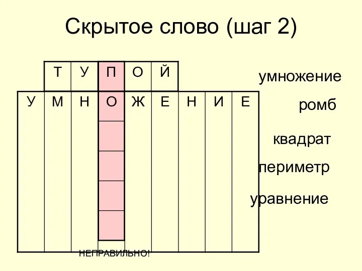 Скрытое слово (шаг 2) умножение ромб периметр квадрат уравнение НЕПРАВИЛЬНО!