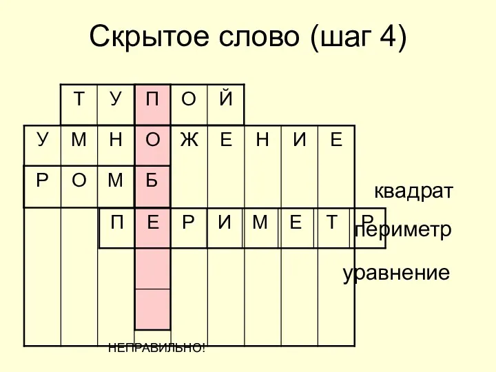 Скрытое слово (шаг 4) периметр квадрат уравнение НЕПРАВИЛЬНО!