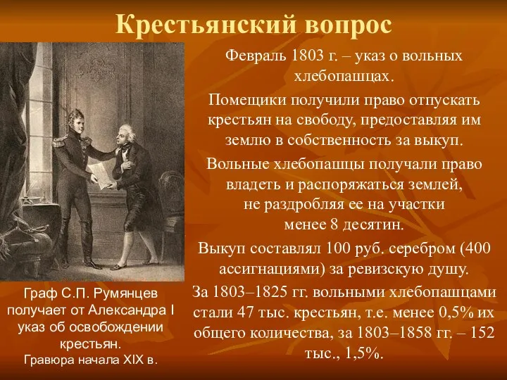 Крестьянский вопрос Февраль 1803 г. – указ о вольных хлебопашцах.