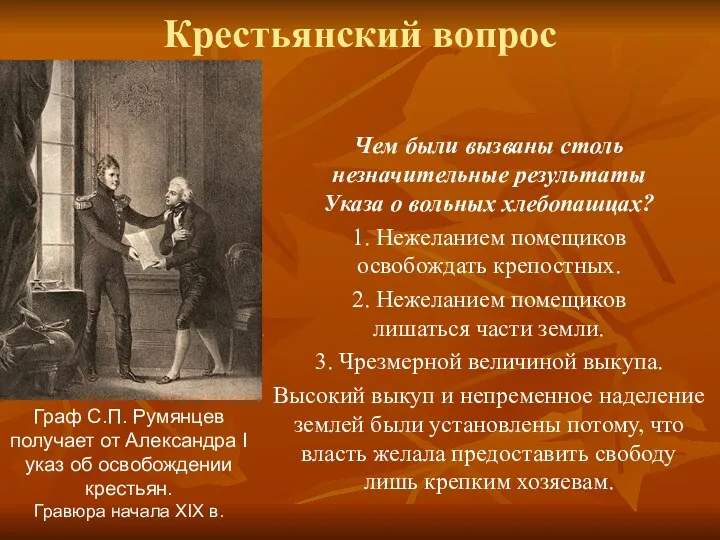 Крестьянский вопрос Чем были вызваны столь незначительные результаты Указа о