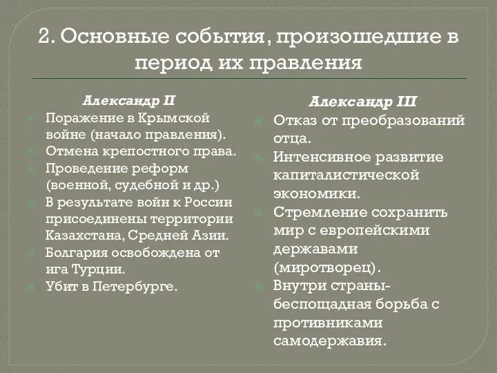 2. Основные события, произошедшие в период их правления Александр II Поражение в Крымской