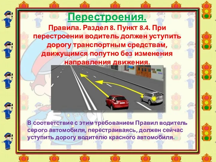 Перестроения. Правила. Раздел 8. Пункт 8.4. При перестроении водитель должен уступить дорогу транспортным