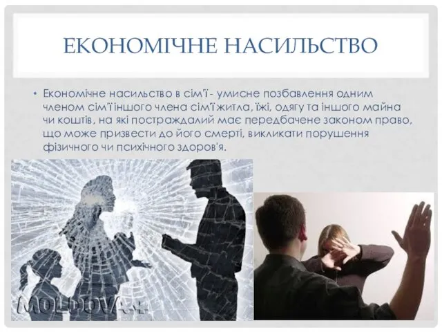 ЕКОНОМІЧНЕ НАСИЛЬСТВО Економічне насильство в сім'ї - умисне позбавлення одним