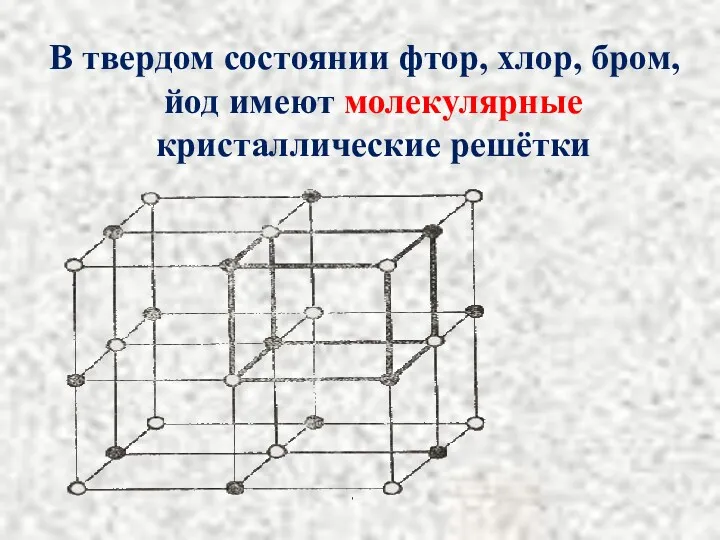 В твердом состоянии фтор, хлор, бром, йод имеют молекулярные кристаллические решётки