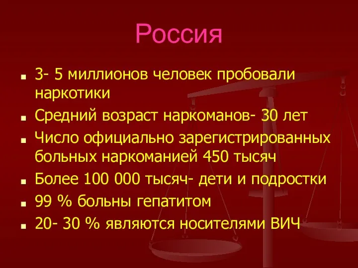 Россия 3- 5 миллионов человек пробовали наркотики Средний возраст наркоманов-