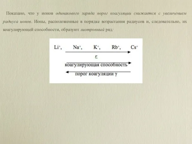 Показано, что у ионов одинакового заряда порог коагуляции снижается с