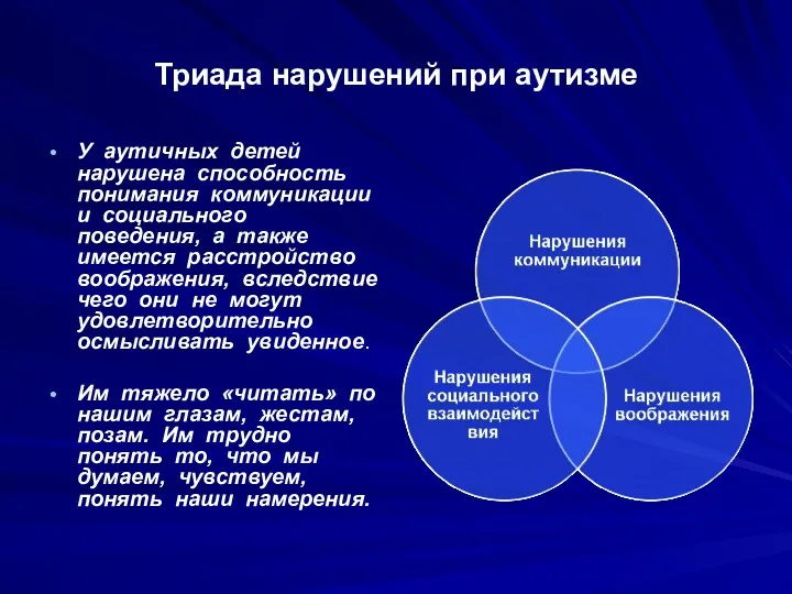 Триада нарушений при аутизме У аутичных детей нарушена способность понимания