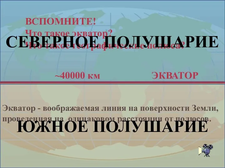 ЭКВАТОР ~40000 км Экватор - воображаемая линия на поверхности Земли, проведенная на одинаковом