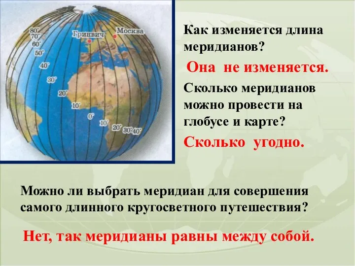 Как изменяется длина меридианов? Она не изменяется. Сколько меридианов можно провести на глобусе