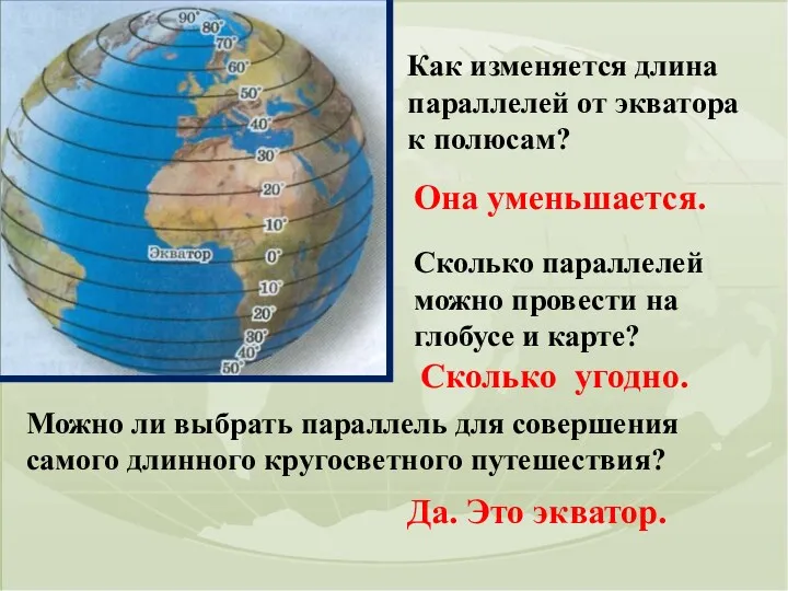 Как изменяется длина параллелей от экватора к полюсам? Она уменьшается. Сколько параллелей можно