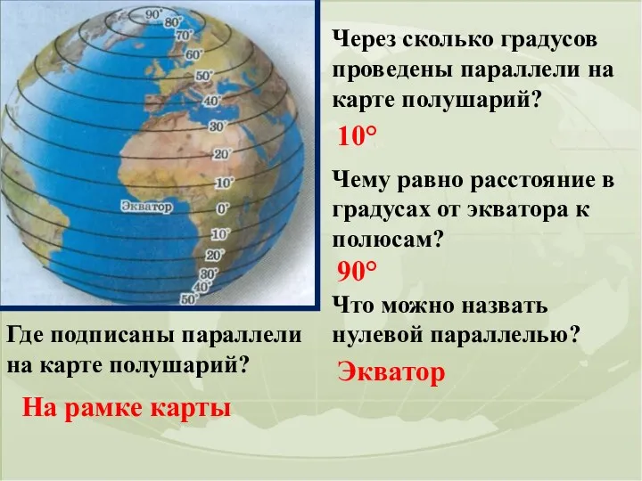 Через сколько градусов проведены параллели на карте полушарий? 10° Чему