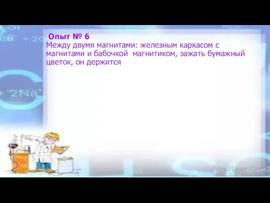 Опыт № 6 Между двумя магнитами: железным каркасом с магнитами и бабочкой магнитиком,