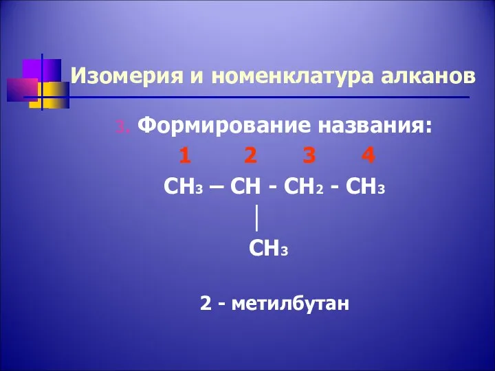 Изомерия и номенклатура алканов 3. Формирование названия: 1 2 3 4 CH3 –