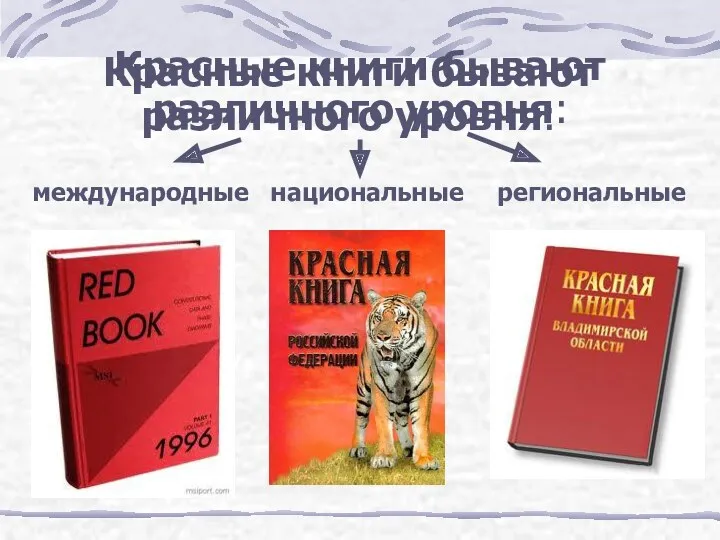Красные книги бывают различного уровня: Красные книги бывают различного уровня: международные национальные региональные
