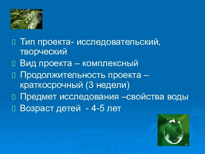 Тип проекта- исследовательский, творческий Вид проекта – комплексный Продолжительность проекта