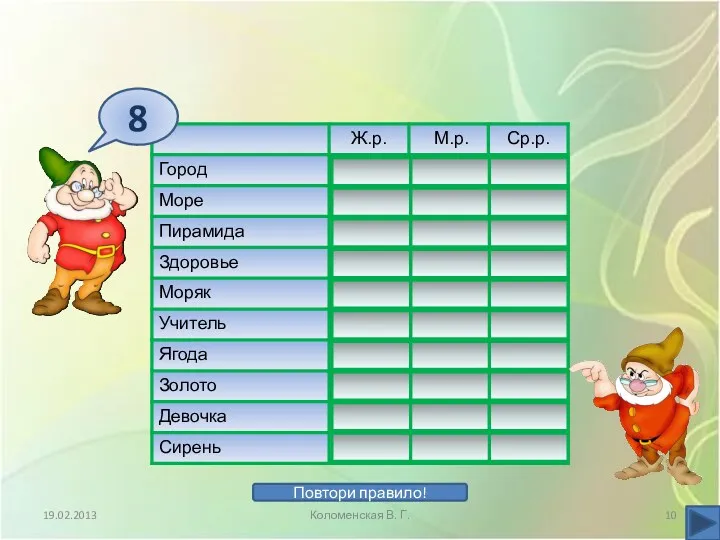 Повтори правило! 19.02.2013 Коломенская В. Г. 8