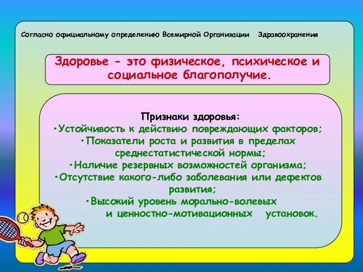 Согласно официальному определению Всемирной Организации Здравоохранения Здоровье - это физическое, психическое и социальное