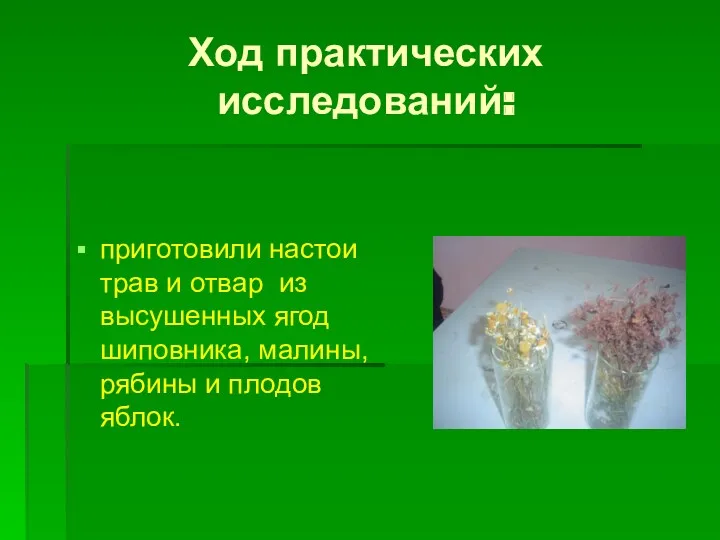 Ход практических исследований: приготовили настои трав и отвар из высушенных