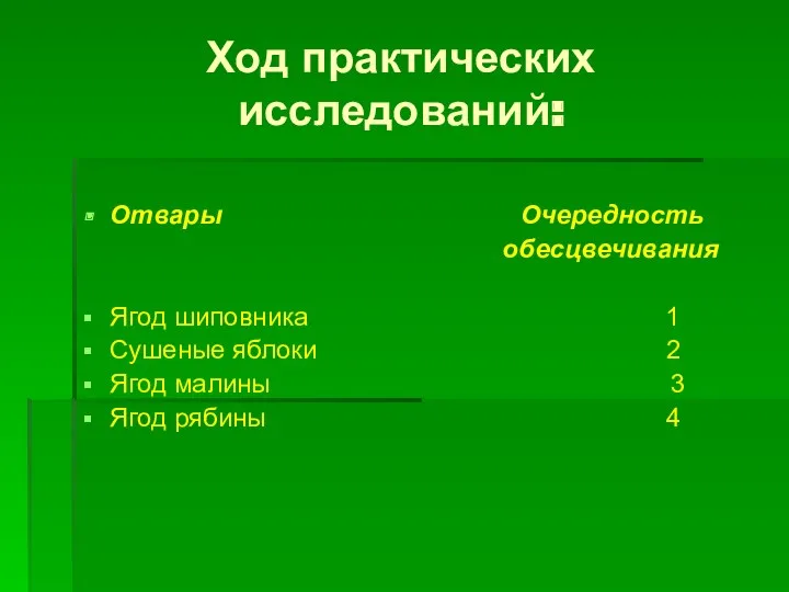 Ход практических исследований: Отвары Очередность обесцвечивания Ягод шиповника 1 Сушеные