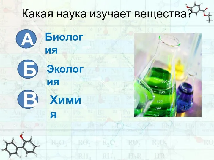 Какая наука изучает вещества? А Б В Биология Экология Химия