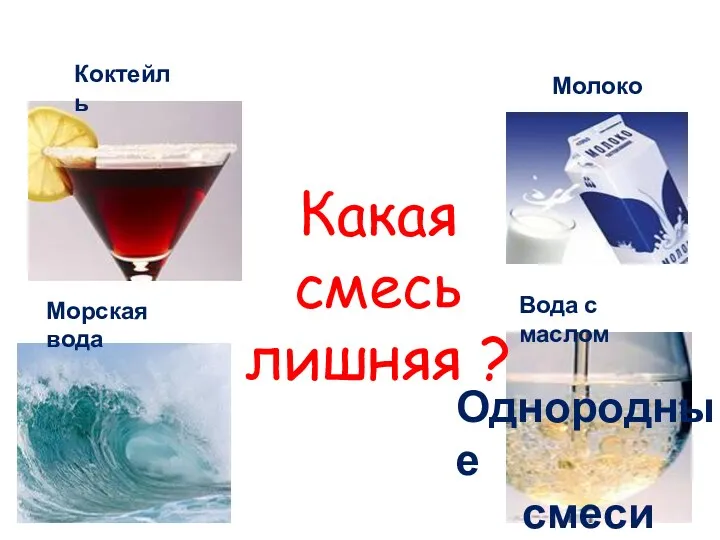 Морская вода Молоко Вода с маслом Коктейль Какая смесь лишняя ? Однородные смеси