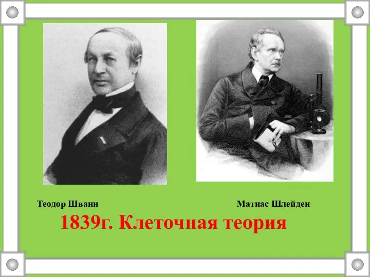 Теодор Шванн Матиас Шлейден 1839г. Клеточная теория