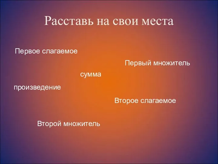 Расставь на свои места Первое слагаемое сумма Первый множитель произведение Второе слагаемое Второй множитель