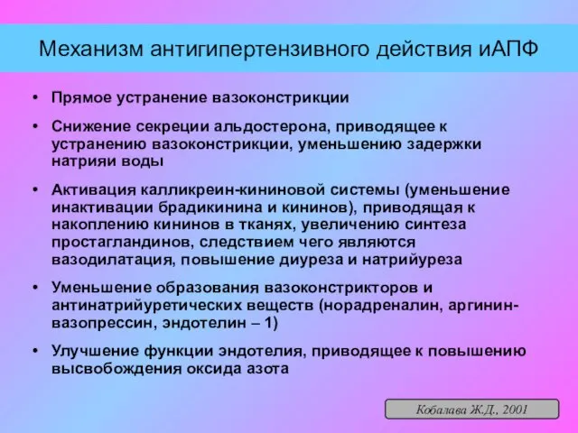 Механизм антигипертензивного действия иАПФ Прямое устранение вазоконстрикции Снижение секреции альдостерона,