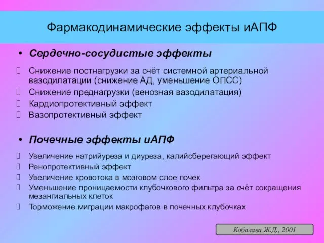 Фармакодинамические эффекты иАПФ Сердечно-сосудистые эффекты Снижение постнагрузки за счёт системной