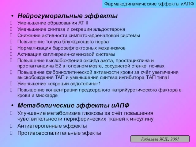 Нейрогуморальные эффекты Уменьшение образования АТ II Уменьшение синтеза и секреции