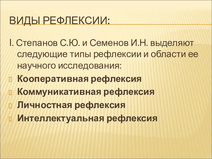 ВИДЫ РЕФЛЕКСИИ: I. Степанов С.Ю. и Семенов И.Н. выделяют следующие типы рефлексии и