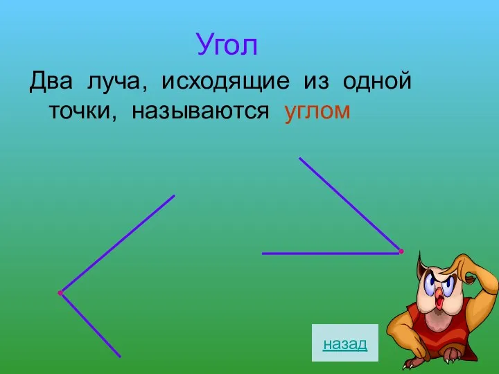 Угол Два луча, исходящие из одной точки, называются углом назад