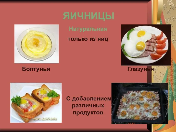 ЯИЧНИЦЫ Натуральная только из яиц С добавлением различных продуктов Болтунья Глазунья