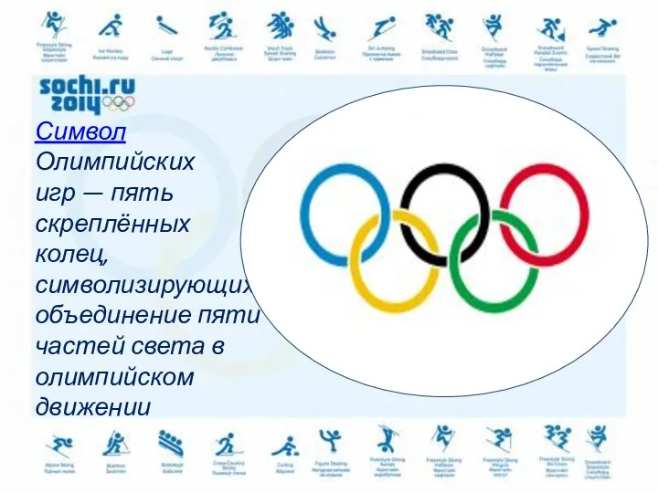 Символ Олимпийских игр — пять скреплённых колец, символизирующих объединение пяти частей света в олимпийском движении