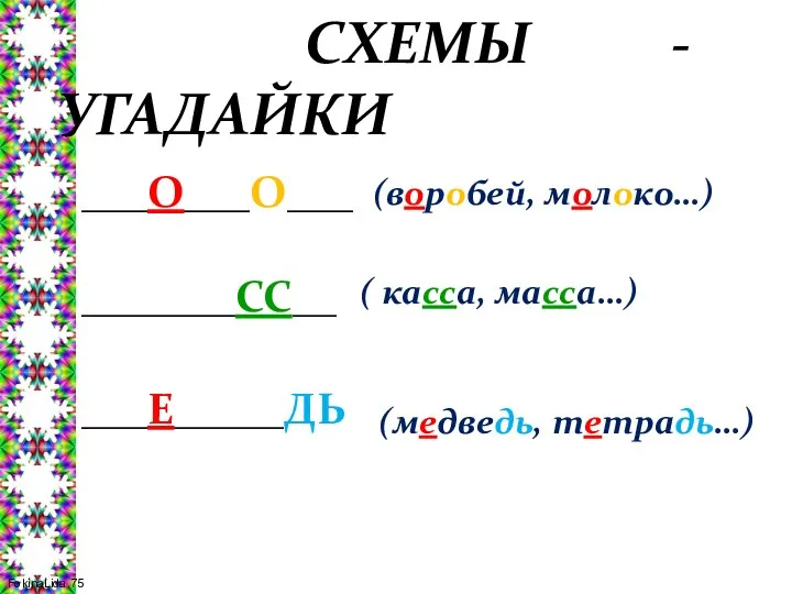 СХЕМЫ - УГАДАЙКИ ___О___О___ (воробей, молоко…) _______СС__ ( касса, масса…) ___Е_____ДЬ (медведь, тетрадь…)