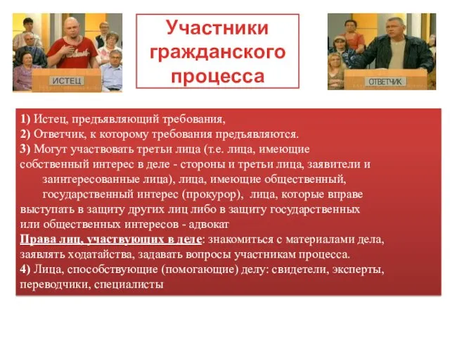 Участники гражданского процесса 1) Истец, предъявляющий требования, 2) Ответчик, к