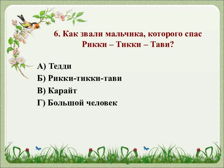 6. Как звали мальчика, которого спас Рикки – Тикки – Тави? А) Тедди