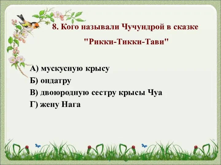 8. Кого называли Чучундрой в сказке "Рикки-Тикки-Тави" А) мускусную крысу Б) ондатру В)