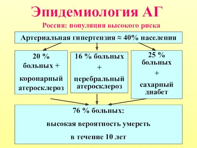 Россия: популяция высокого риска Артериальная гипертензия ≈ 40% населения 20