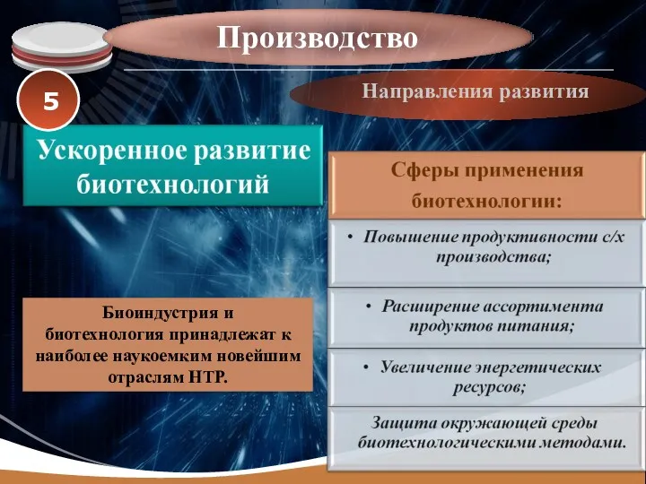 Производство Направления развития Биоиндустрия и биотехнология принадлежат к наиболее наукоемким новейшим отраслям НТР. 5