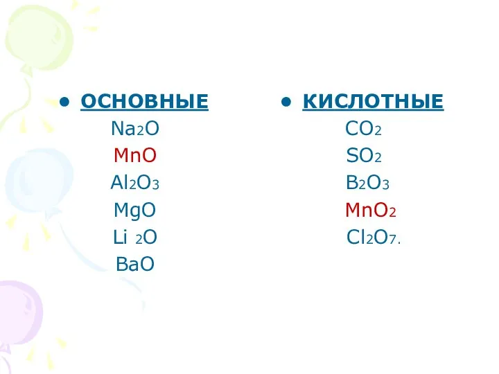 ОСНОВНЫЕ Na2O MnO Al2O3 MgO Li 2O BaO КИСЛОТНЫЕ CO2 SO2 B2O3 MnO2 Cl2O7.