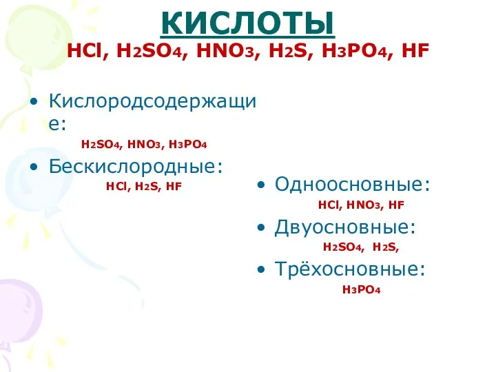 КИСЛОТЫ HCl, H2SO4, HNO3, H2S, H3PO4, HF Кислородсодержащие: H2SO4, HNO3,