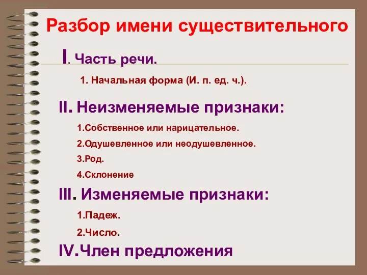 Разбор имени существительного I. Часть речи. 1. Начальная форма (И.