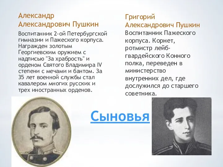 Сыновья Александр Александрович Пушкин Воспитанник 2-ой Петербургской гимназии и Пажеского